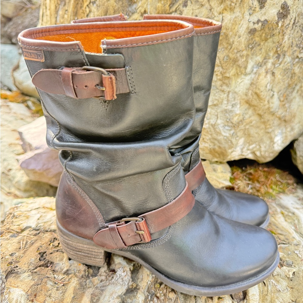 Pikolinos Le Mans Two-Tone Leather Slouch Mid Calf Biker Boots EU 39 US 8
